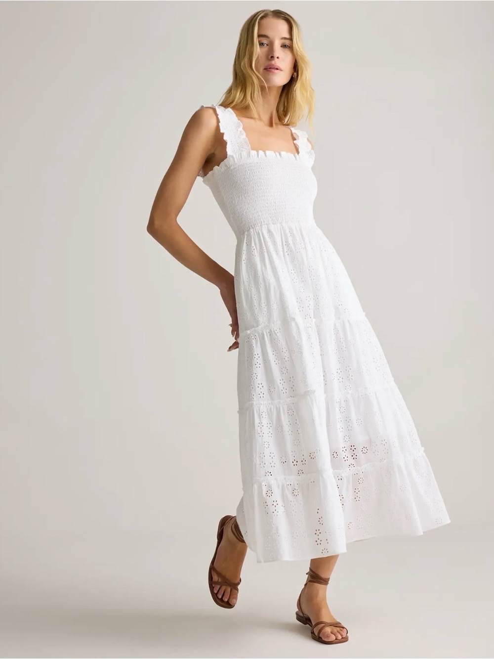 Quince White Eyelet Tiered Midi Dress Medium Smocked Cotton Dress Current Style